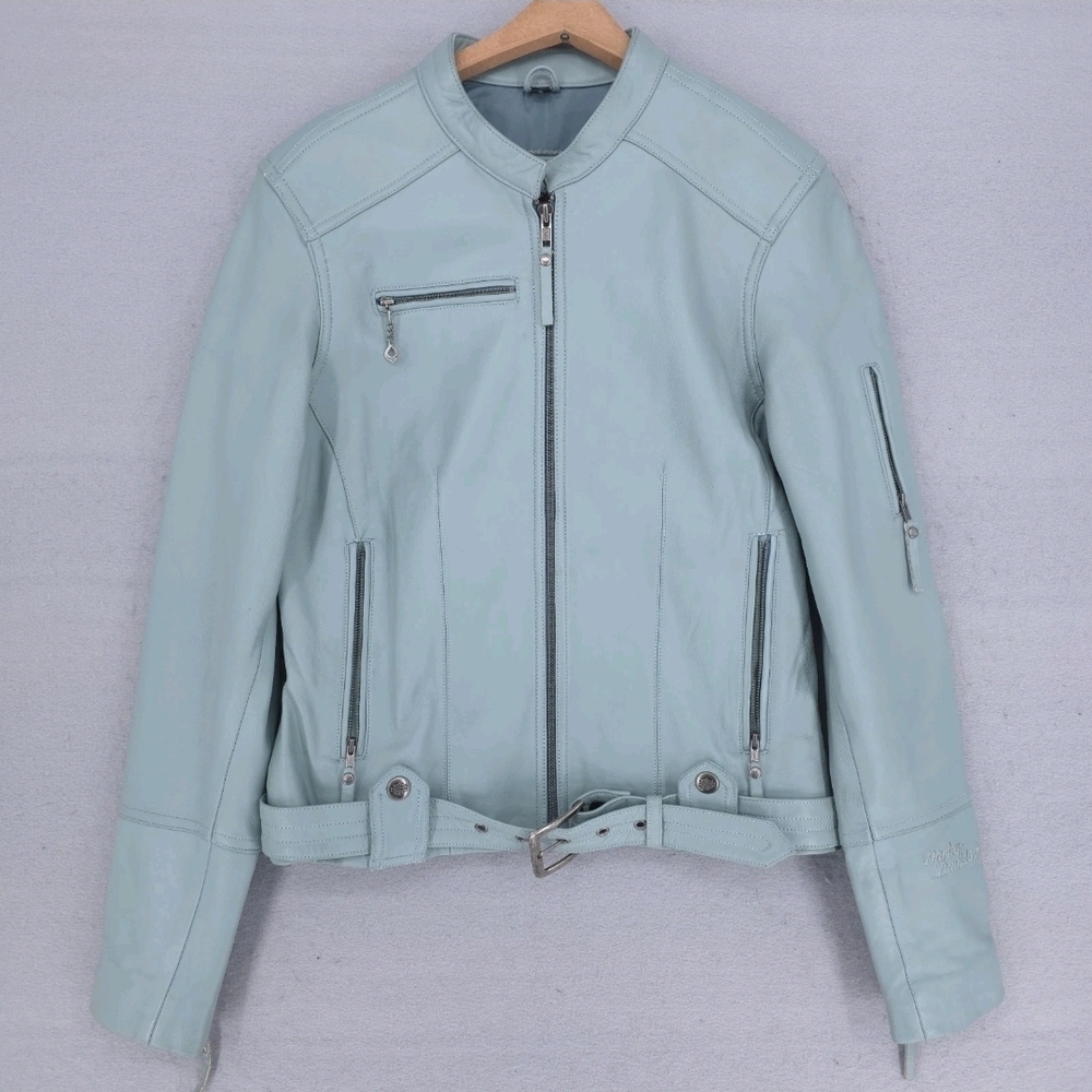 Harley-Davidson Light Mint Leather Moto Jacket with Belted Hem